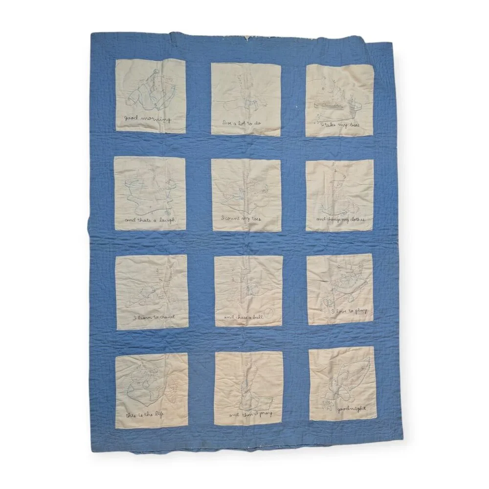 Vintage Embroidered Baby Blue & White Crib Blanket 